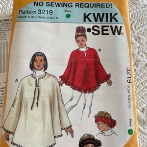 Kwik Sew pattern for Poncho and headband size Child/adult  S M L XL